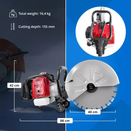 Betonvágó - benzin - 3000 W - 155 mm vágási mélység (Üzemanyagtartály űrtartalma: 1.6 l)