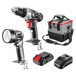   AKKUS GÉPKÉSZLET ENERGY+, 18V/2AH: AKKUS FÚRÓ + LÁMPA + TÁSKA + AKKU +TÖLTŐ