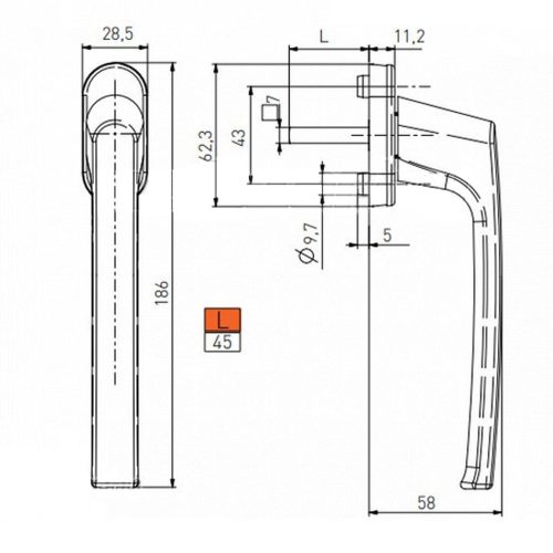 Toló-bukó ajtókilincs barna L45