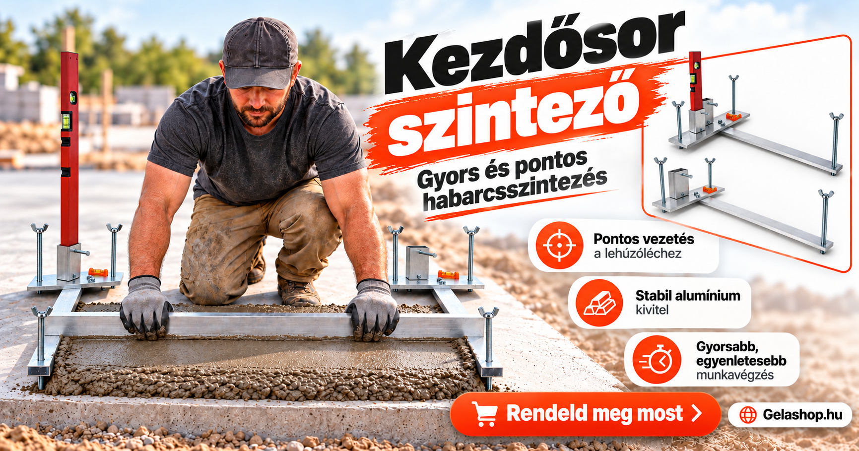 Kezdősor szintező készlet lézerszintező léctartóval a szintezőhabarcs pontos terítéséhez